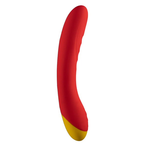 Romp Hype G-spot vibrator in Red, curved profile with yellow base