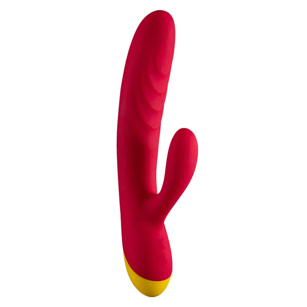 Romp Jazz rabbit vibrator in Red, ribbed shaft and clitoral arm, yellow base