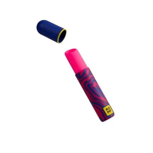 Romp Lipstick bullet vibrator, swirl-patterned body with navy cap off