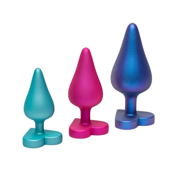Romp Luster set of three metallic heart-base plugs in teal, magenta and blue