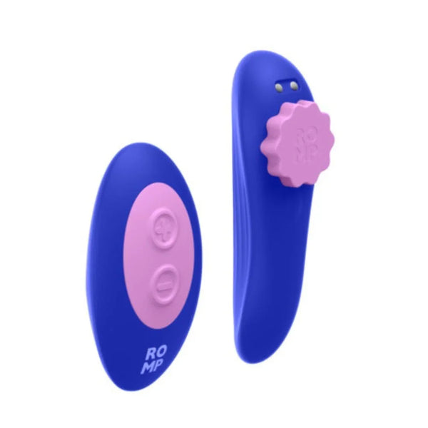 Romp Party wearable vibrator in Blue with flower clip, beside its remote