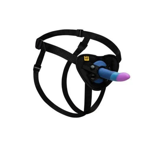 Romp Piccolo Pegging Kit, black harness fitted with the tri-colour dildo