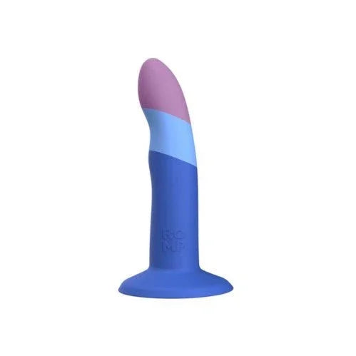 Romp Piccolo dildo in blue with lilac and pink tip, upright on suction base