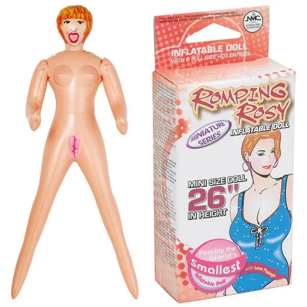Romping Rosy mini inflatable doll standing beside its 26 inch cartoon box