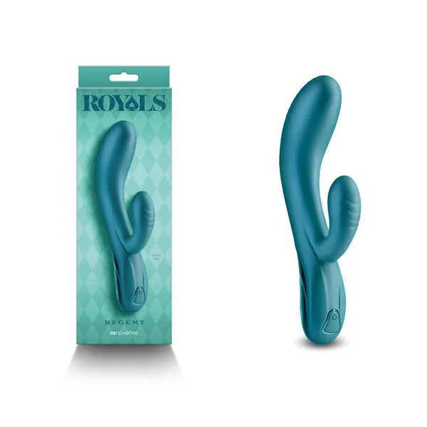 Royals Regent rabbit vibrator in Metallic Green, beside its teal Royals box