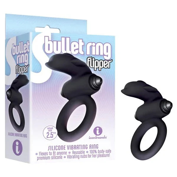 S-Bullet Ring Flipper in Black, nubbed silicone ring with a bullet, beside its retail box