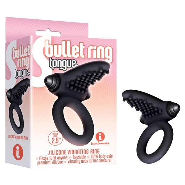 S-Bullet Ring Tongue in Black, nubbed tongue pad with a bullet, beside its retail box