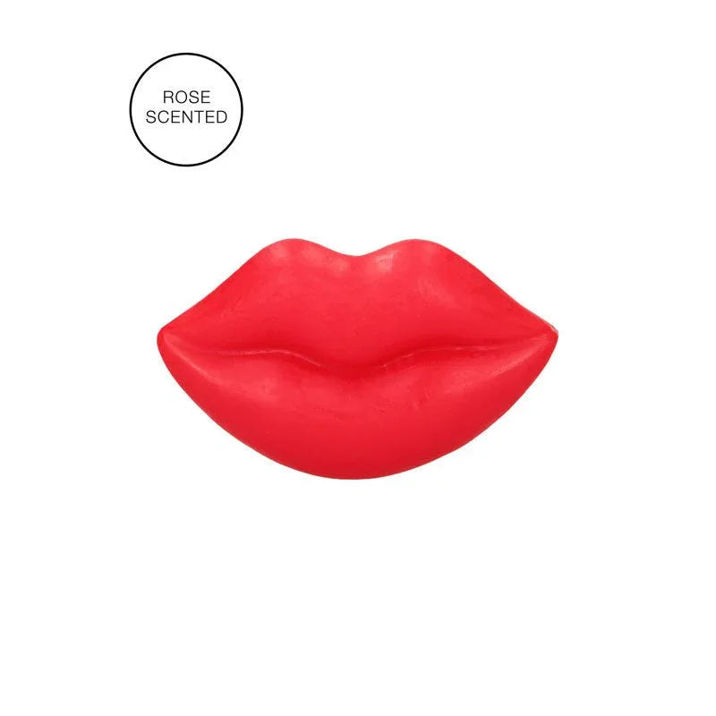 S-LINE Kiss Novelty Soap Bar in Red, the soap alone on white with a Rose Scented badge