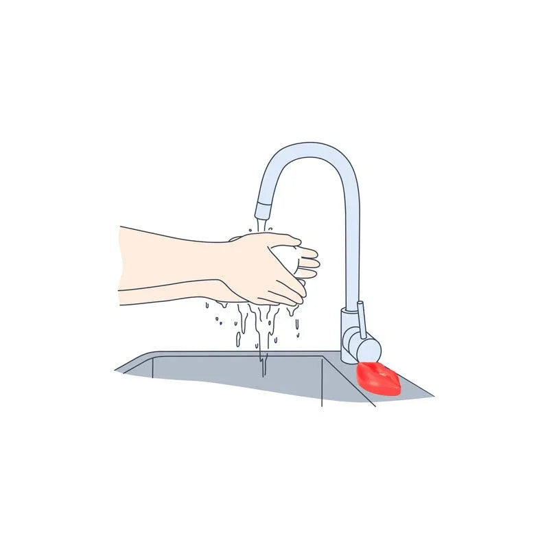 S-LINE Kiss Novelty Soap Bar in Red, illustration of hands being washed at a running tap