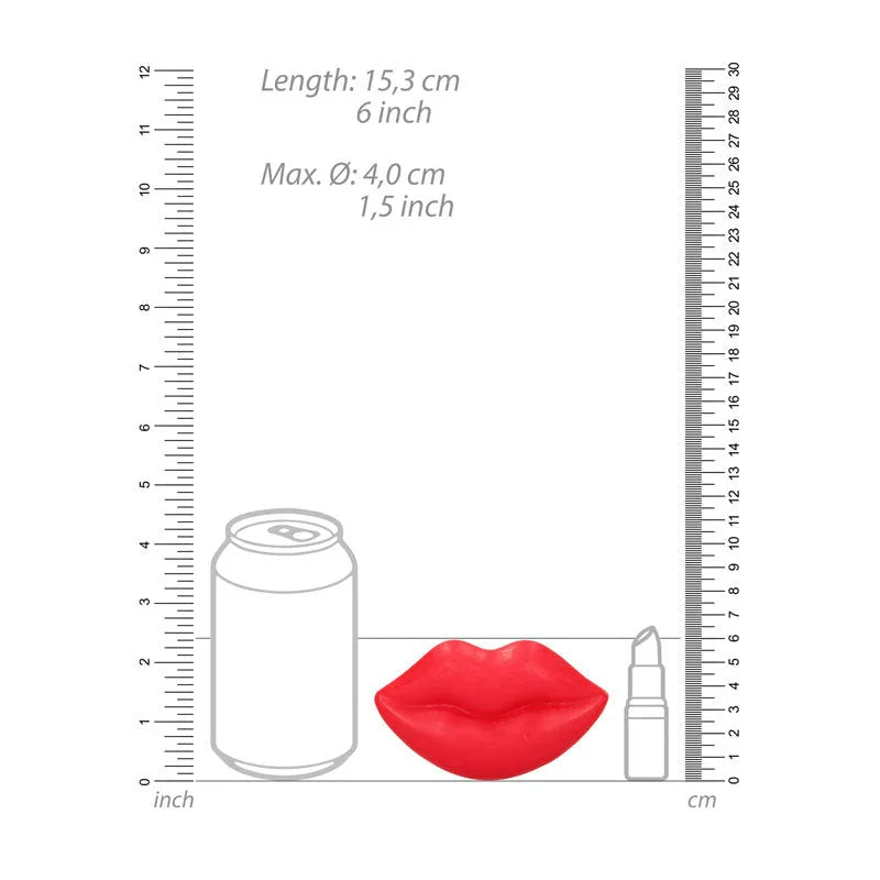 S-LINE Kiss Novelty Soap Bar in Red, scale diagram beside a drink can and lipstick