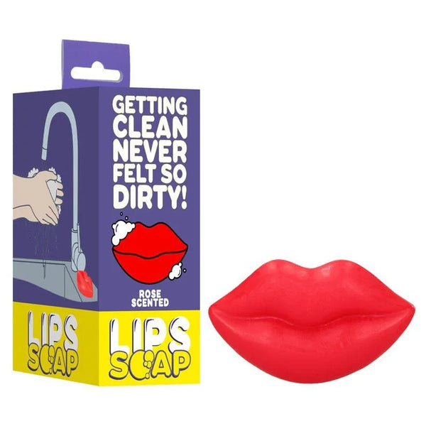 S-LINE Kiss Novelty Soap Bar in Red, purple Lips Soap carton beside the red lip-shaped soap