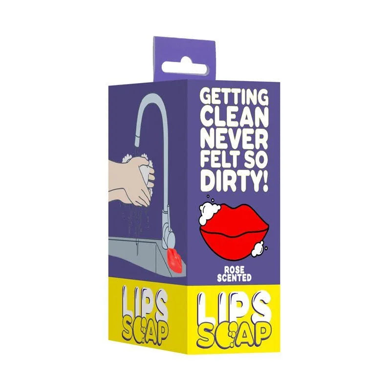S-LINE Kiss Novelty Soap Bar in Red, front of the purple and yellow Lips Soap carton