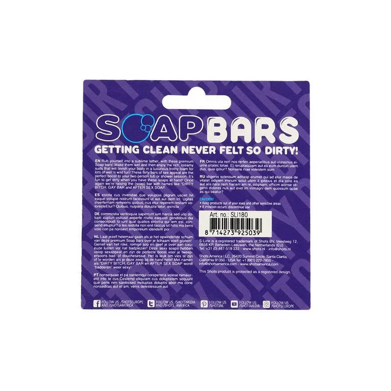S-LINE Dirty Bitch Novelty Soap Bar in Purple, back of the card with multilingual text and barcode