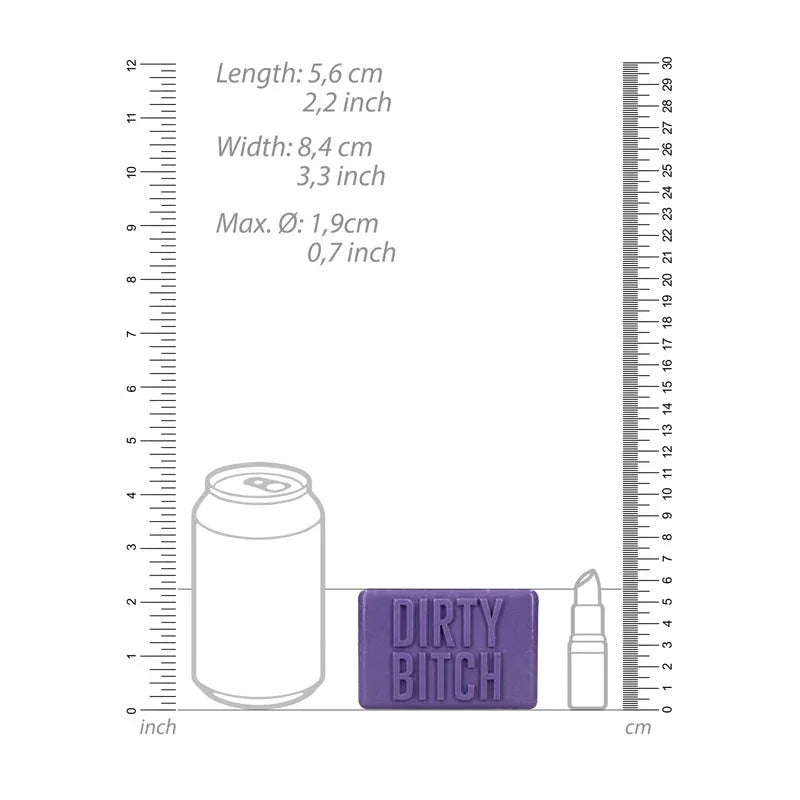 S-LINE Dirty Bitch Novelty Soap Bar in Purple, scale diagram beside a drink can and lipstick