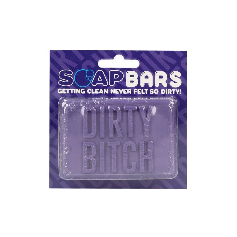 S-LINE Dirty Bitch Novelty Soap Bar in Purple, soap sealed in its Soap Bars blister card