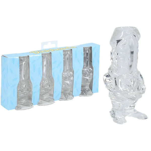 S-LINE The Dickheads Tall Shot Glasses Set of 4 in Clear, boxed set beside one moulded glass