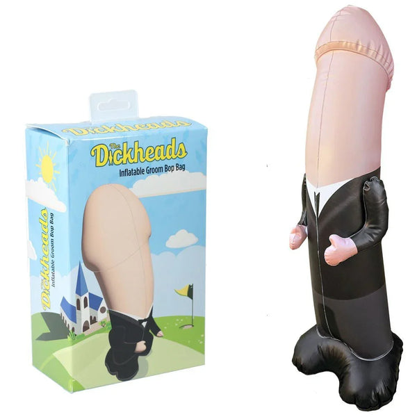 S-LINE The Dickheads Groom Bop Bag, retail carton beside the inflated groom punching figure