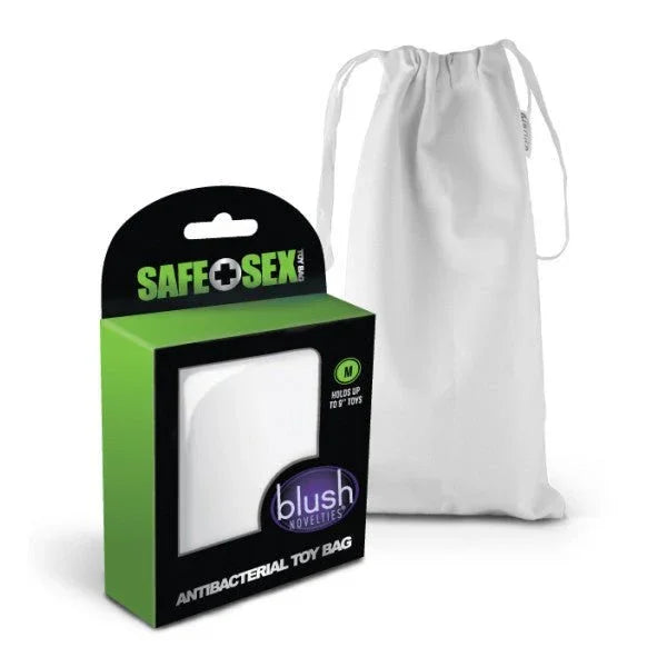 Safe Sex antibacterial toy storage bag in white with its green retail box