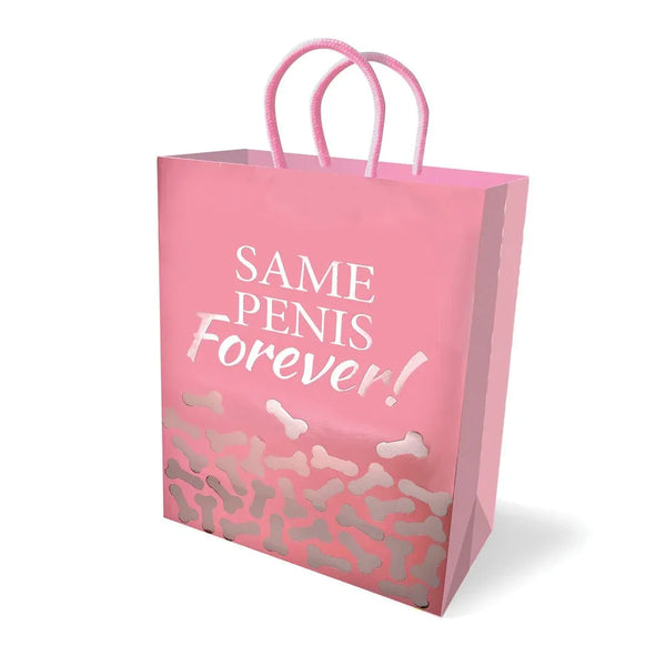 Same Penis Forever gift bag in pink with a silver print and pink cord handles