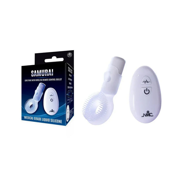 Samurai vibrating cock ring in Clear with wireless remote, beside its navy box