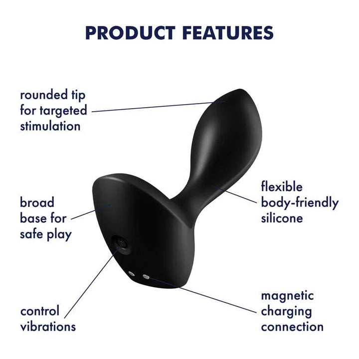 Satisfyer Backdoor Lover - Vibrating Butt Plug in Black, labelled feature diagram