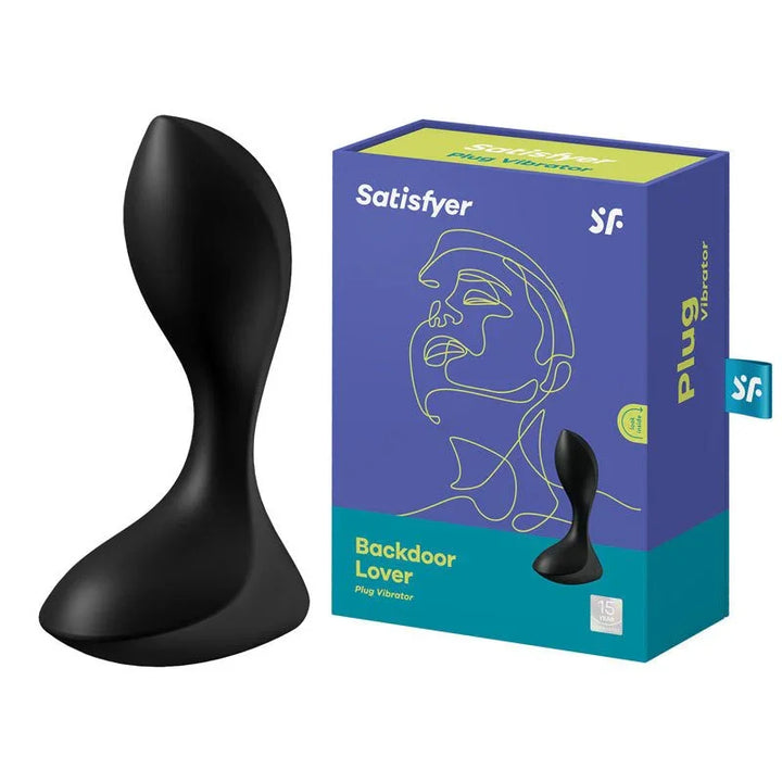 Satisfyer Backdoor Lover - Vibrating Butt Plug in Black beside its retail box