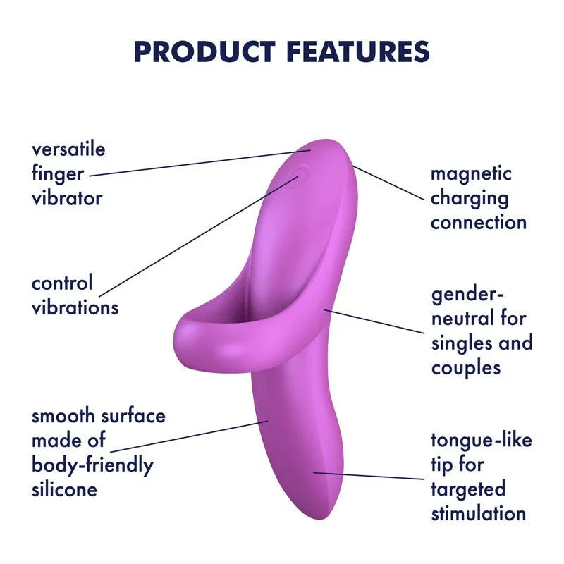 Satisfyer Bold Lover - Finger Stimulator in Dark Pink, labelled feature diagram