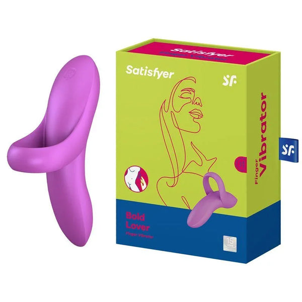 Satisfyer Bold Lover - Finger Stimulator in Dark Pink beside its retail box