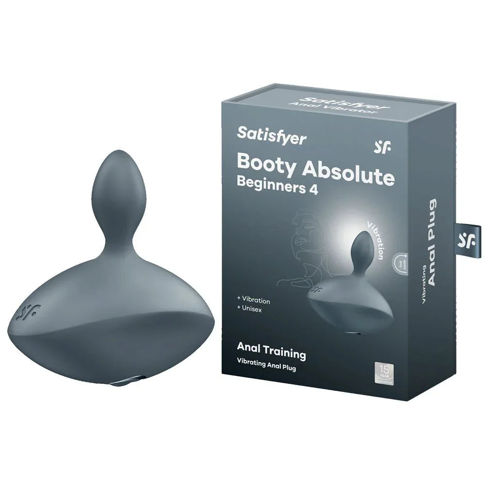 Satisfyer Booty Beginners 4 Vibrating Butt Plug in Grey beside its retail box