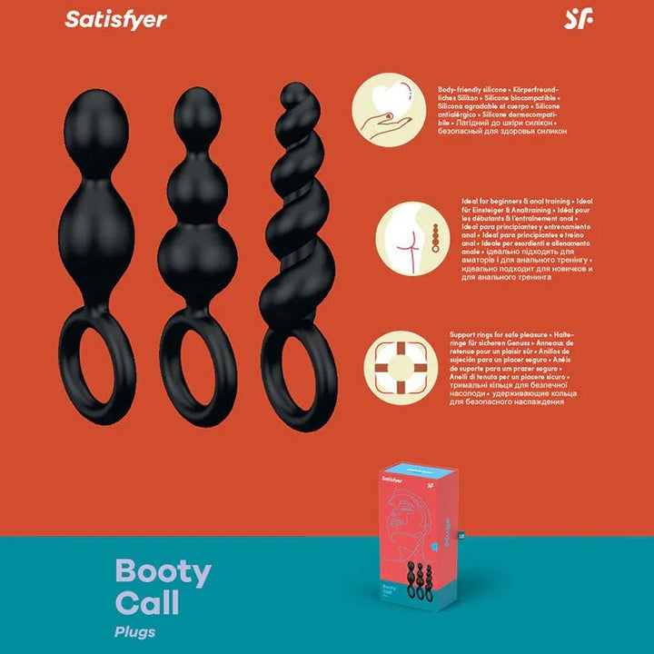 Satisfyer Booty Call black plug set feature graphic - body-safe silicone, anal training and support ring callouts, with the retail box