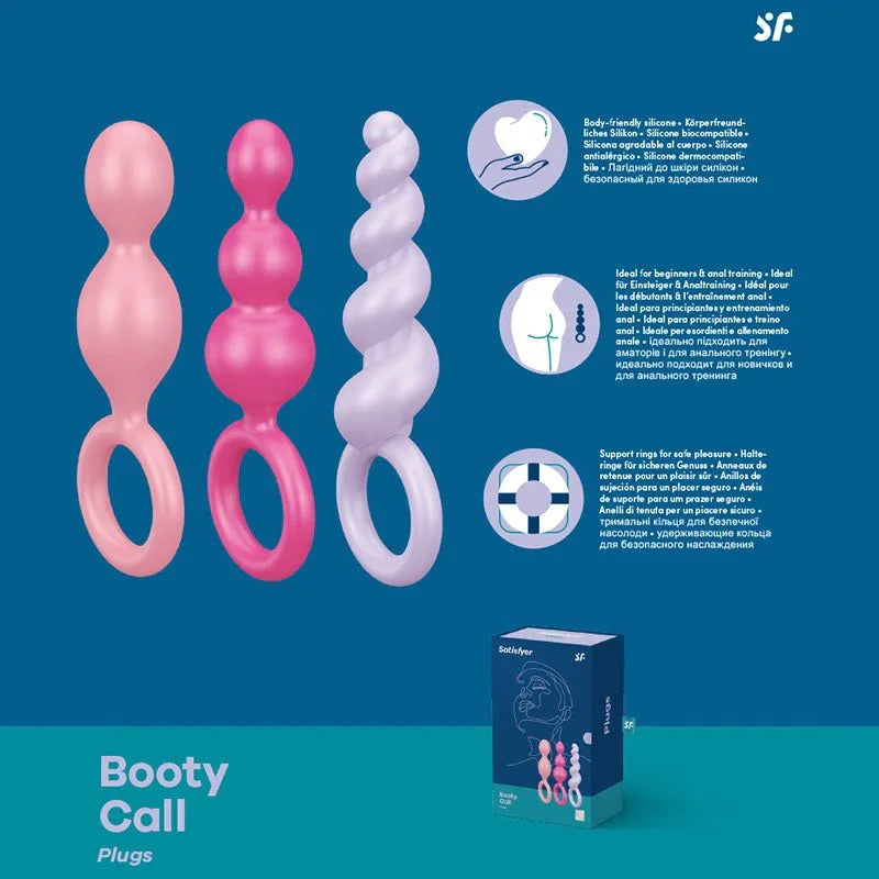 Satisfyer Booty Call coloured plug set feature graphic - body-safe silicone, anal training and support ring callouts, with the retail box