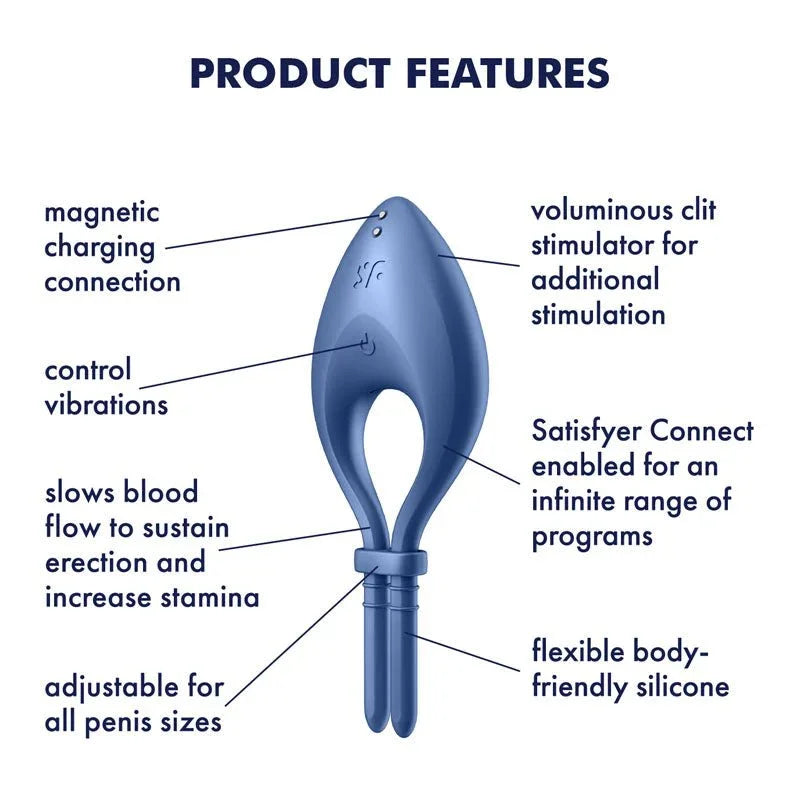 Satisfyer Bullseye - Vibrating Adjustable Lasso Cock Ring in Blue, labelled feature diagram