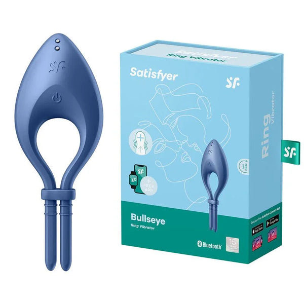 Satisfyer Bullseye - Vibrating Adjustable Lasso Cock Ring in Blue beside its retail box