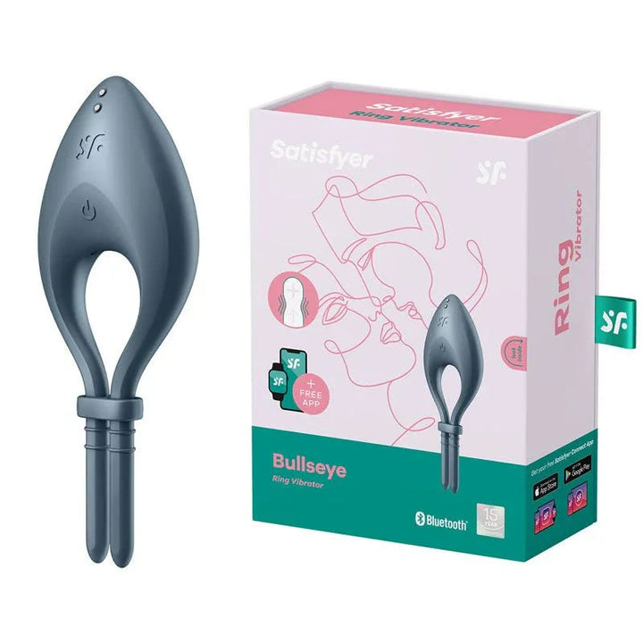 Satisfyer Bullseye - Vibrating Adjustable Lasso Cock Ring in Navy beside its retail box