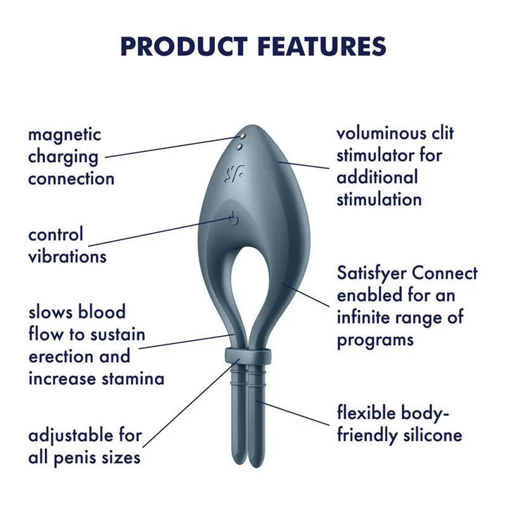 Satisfyer Bullseye - Vibrating Adjustable Lasso Cock Ring in Navy, labelled feature diagram