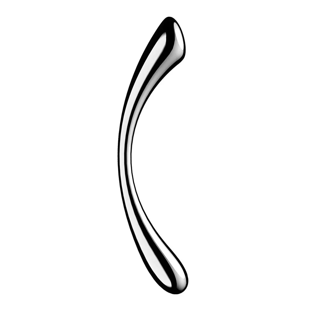 Satisfyer Cosmic Crest 1 stainless steel dildo, curved profile with the flattened tip at the top