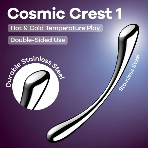 Satisfyer Cosmic Crest 1 steel dildo on purple, hot and cold play and double-sided use badges