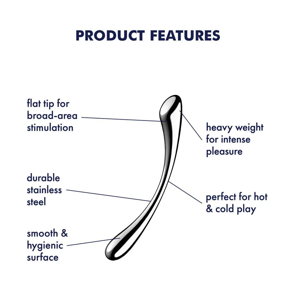 Satisfyer Cosmic Crest 1 feature diagram: flat tip for broad-area stimulation, heavy weight