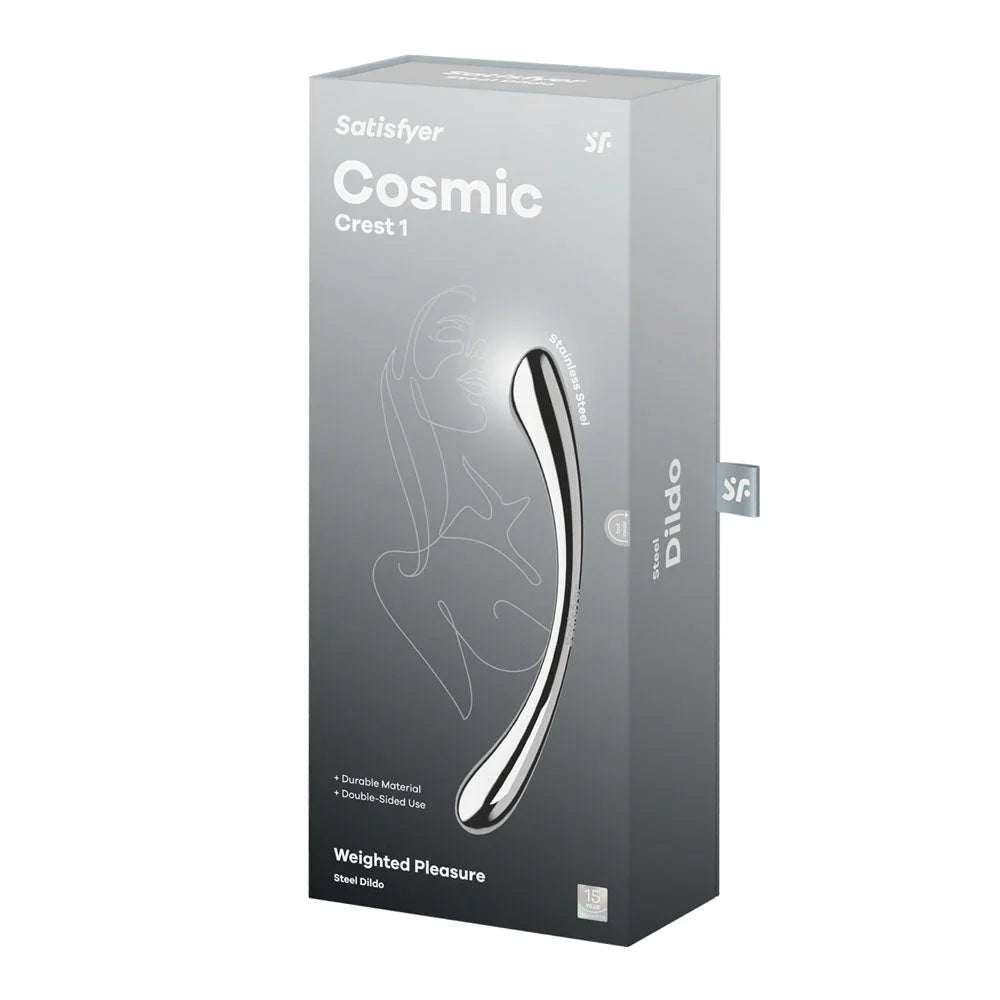 Satisfyer Cosmic Crest 1 retail box, silver Weighted Pleasure steel dildo packaging