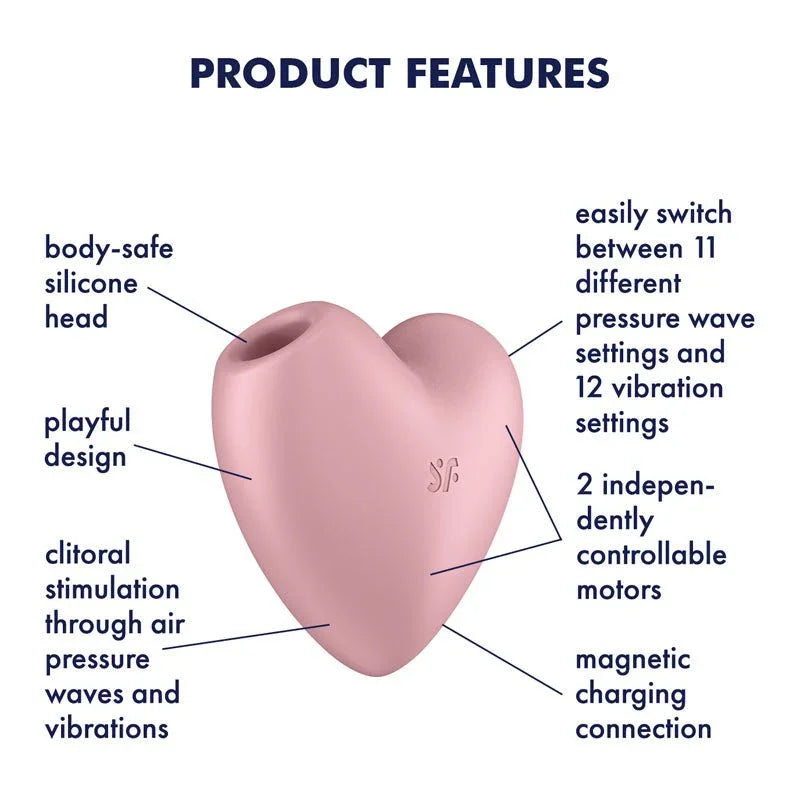Satisfyer Cutie Heart - Air Pulsation Stimulator in Light Pink, labelled feature diagram