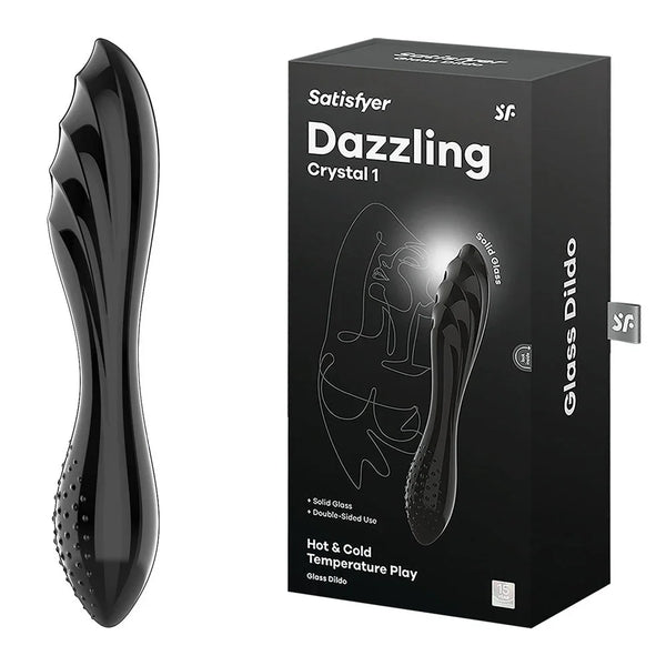 Satisfyer Dazzling Crystal 1 Glass Dildo in Black beside its retail box