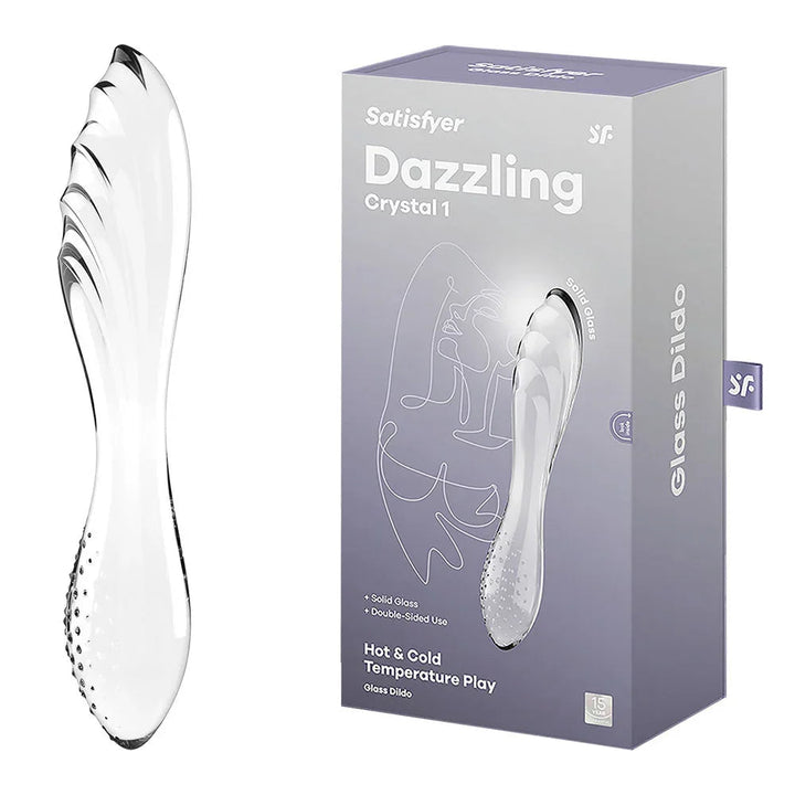 Satisfyer Dazzling Crystal 1 Glass Dildo in Clear beside its retail box