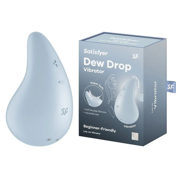Satisfyer Dew Drop Clitoral Stimulator in Light Blue beside its retail box