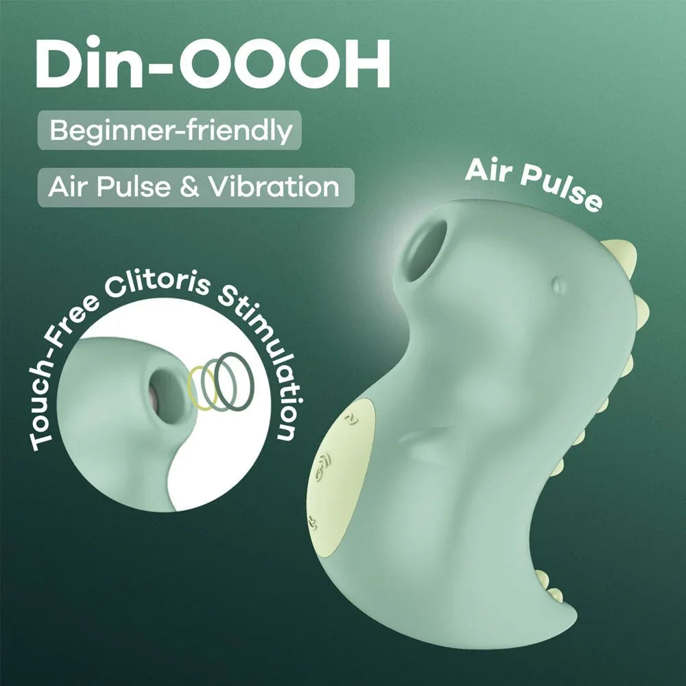 Satisfyer Din-OOOH - Air Pulse Stimulator in Mint Green, product graphic with feature callouts
