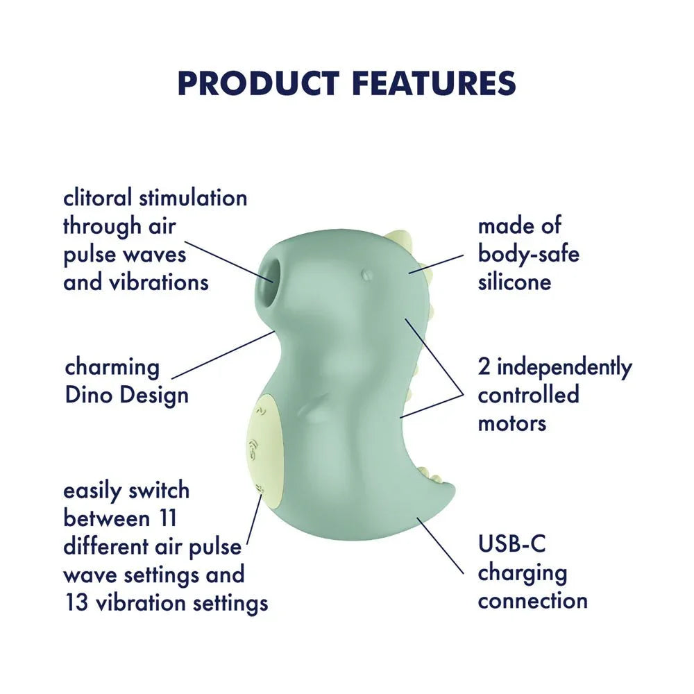 Satisfyer Din-OOOH - Air Pulse Stimulator in Mint Green, labelled feature diagram