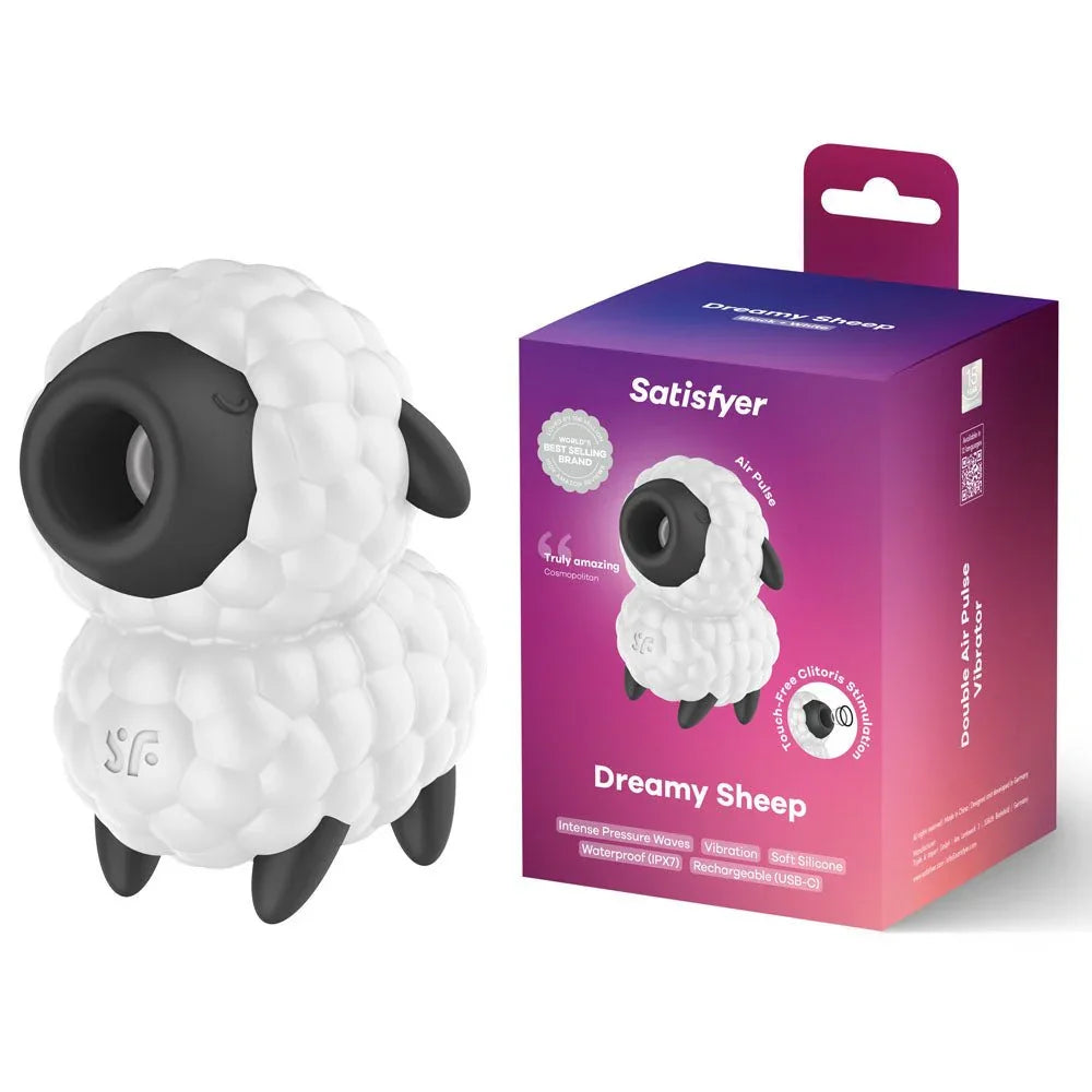 Satisfyer Dreamy Sheep - Vibrating Air Pulse Stimulator in White/Black beside its retail box