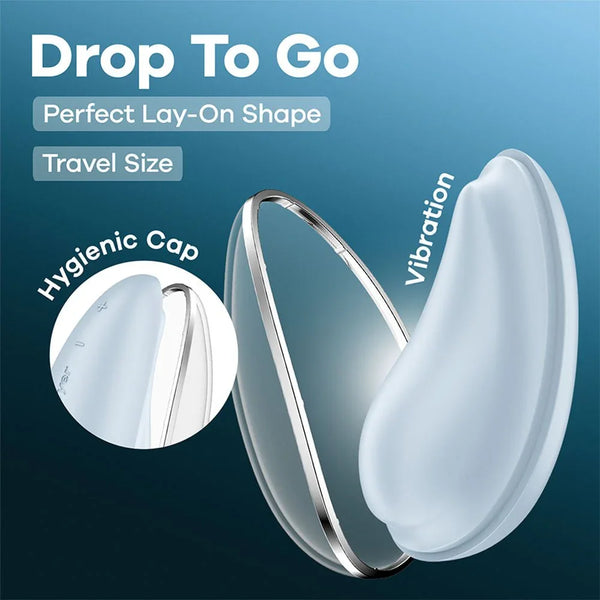 Satisfyer Drop To Go Clitoral Stimulator in Blue, product graphic with feature callouts