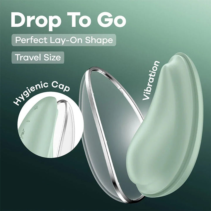 Satisfyer Drop To Go Clitoral Stimulator in Mint Green, product graphic with feature callouts