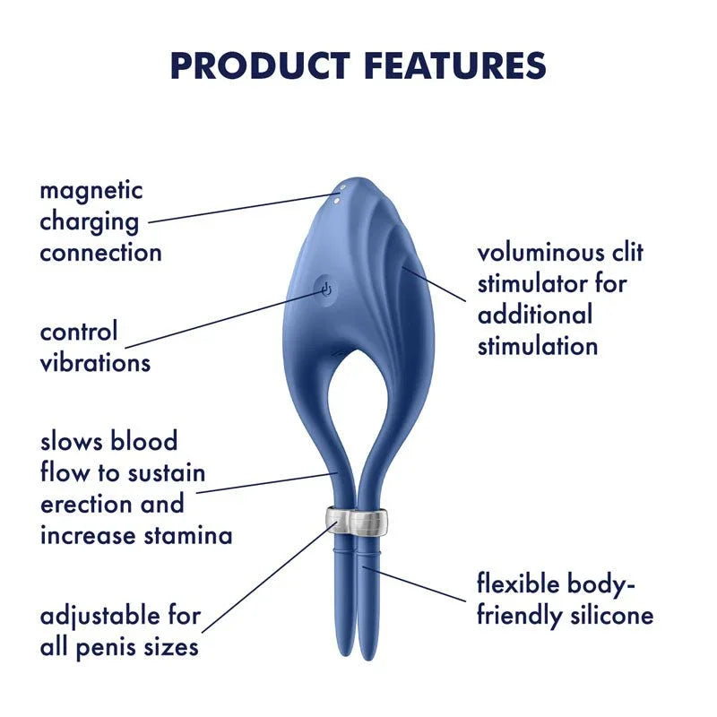 Satisfyer Duelist - Vibrating Adjustable Lasso Cock Ring in Blue, labelled feature diagram