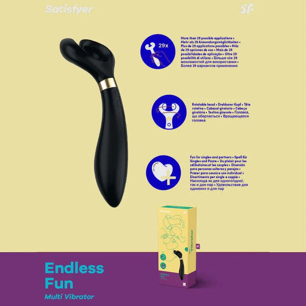Satisfyer Endless Fun - Stimulator in Black, product graphic with feature callouts